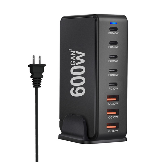 OEM nabíjecí stanice, 600W, 4 x USB-A - 4 x USB-C, černá