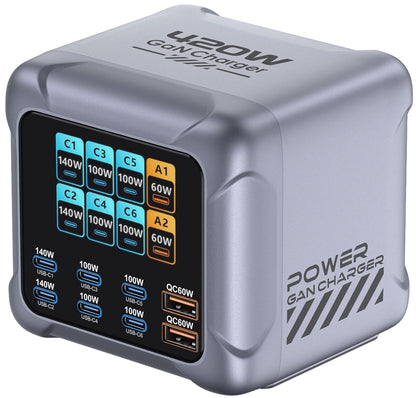 Nabíječka stanice OEM BK-126D, 140W, 5A, 2 x USB-A - 6 x USB-C, Šedá