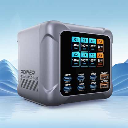 Nabíječka stanice OEM BK-126D, 140W, 5A, 2 x USB-A - 6 x USB-C, Šedá