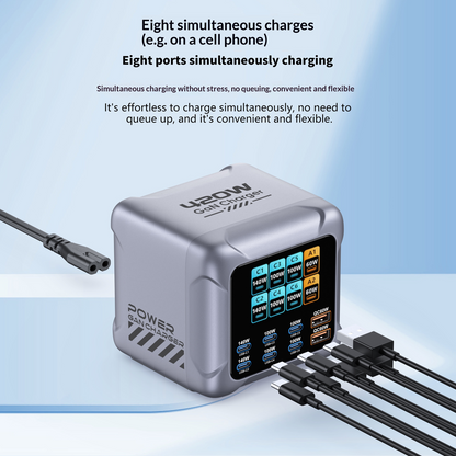 Nabíječka stanice OEM BK-126D, 140W, 5A, 2 x USB-A - 6 x USB-C, Šedá