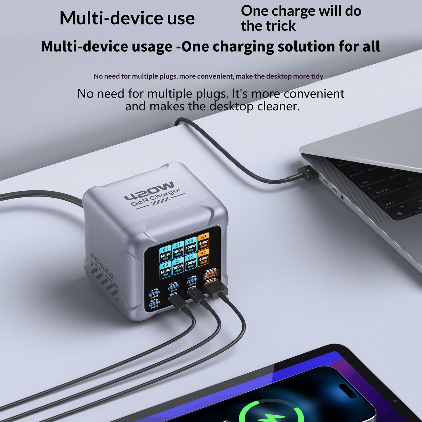 Nabíječka stanice OEM BK-126D, 140W, 5A, 2 x USB-A - 6 x USB-C, Šedá