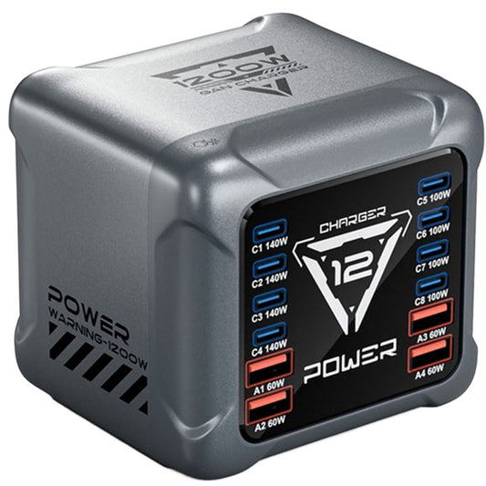 Nabíječka stanice OEM BK-127D, 280W, 5A, 4 x USB-A - 8 x USB-C, Šedá