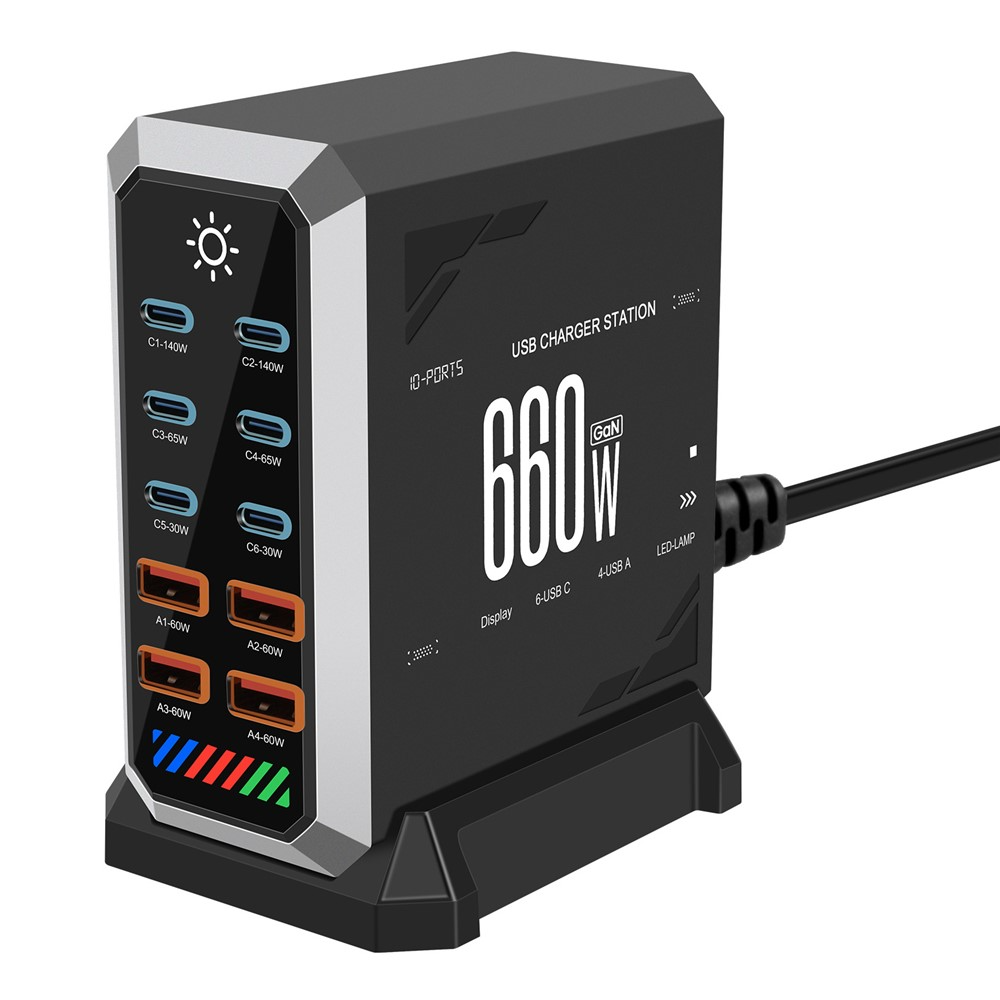 Nabíječka stanice OEM HW18, 660W, 5A, 4 x USB-A - 6 x USB-C, černá