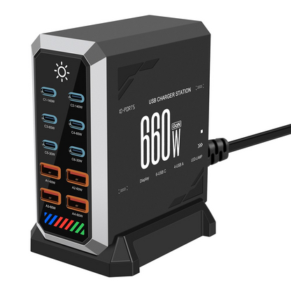 Nabíječka stanice OEM HW18, 660W, 5A, 4 x USB-A - 6 x USB-C, černá
