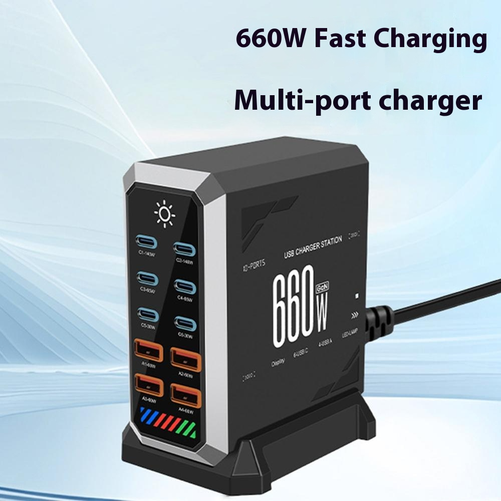 Nabíječka stanice OEM HW18, 660W, 5A, 4 x USB-A - 6 x USB-C, černá