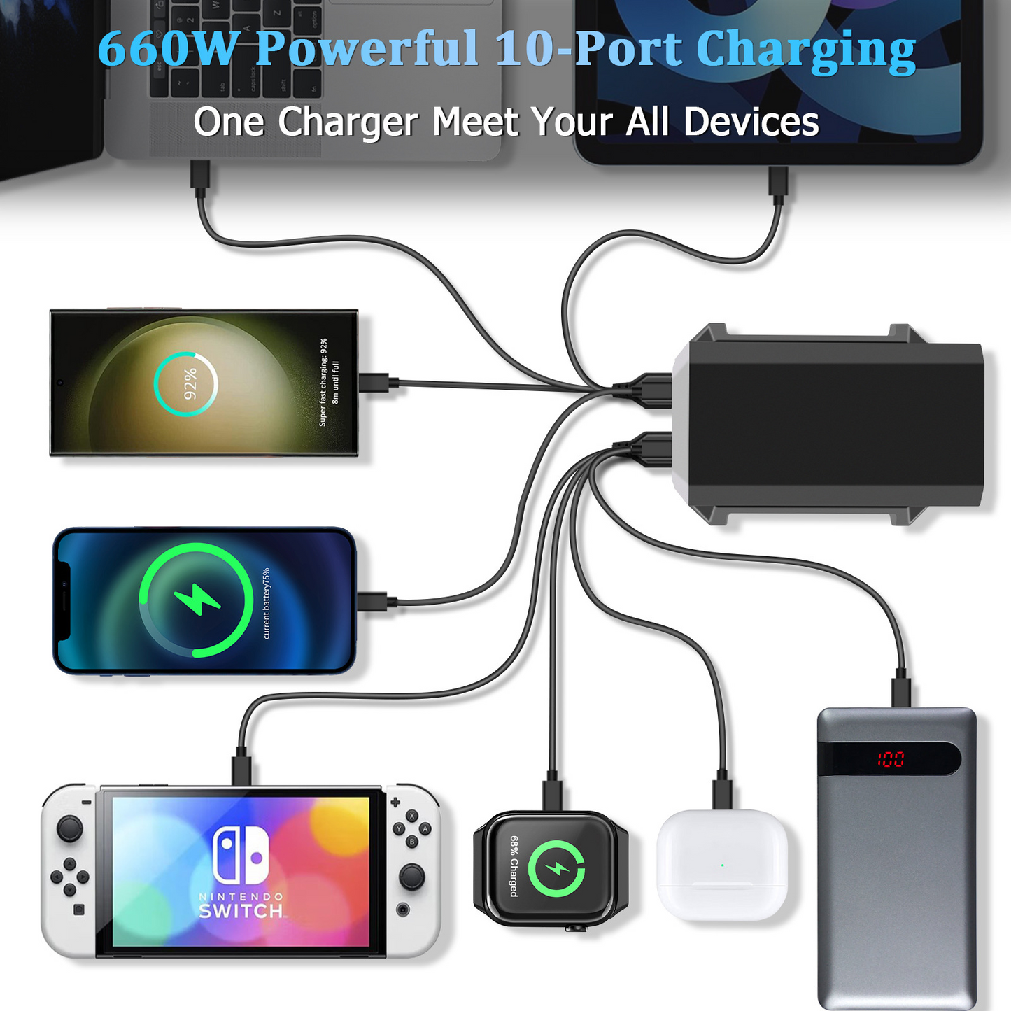 Nabíječka stanice OEM HW18, 660W, 5A, 4 x USB-A - 6 x USB-C, černá