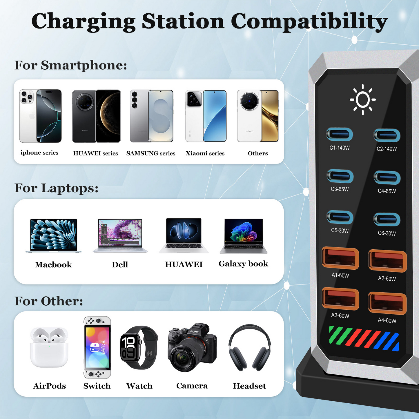 Nabíječka stanice OEM HW18, 660W, 5A, 4 x USB-A - 6 x USB-C, černá