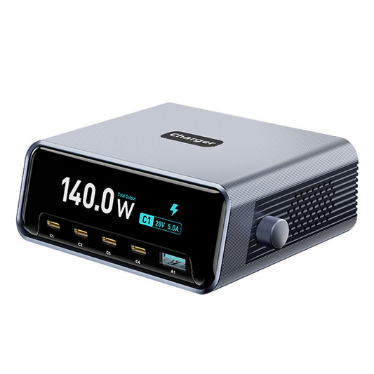 Nabíječka stanice OEM WLX-60G, 140W, 5A, 1 x USB-A - 4 x USB-C, šedá