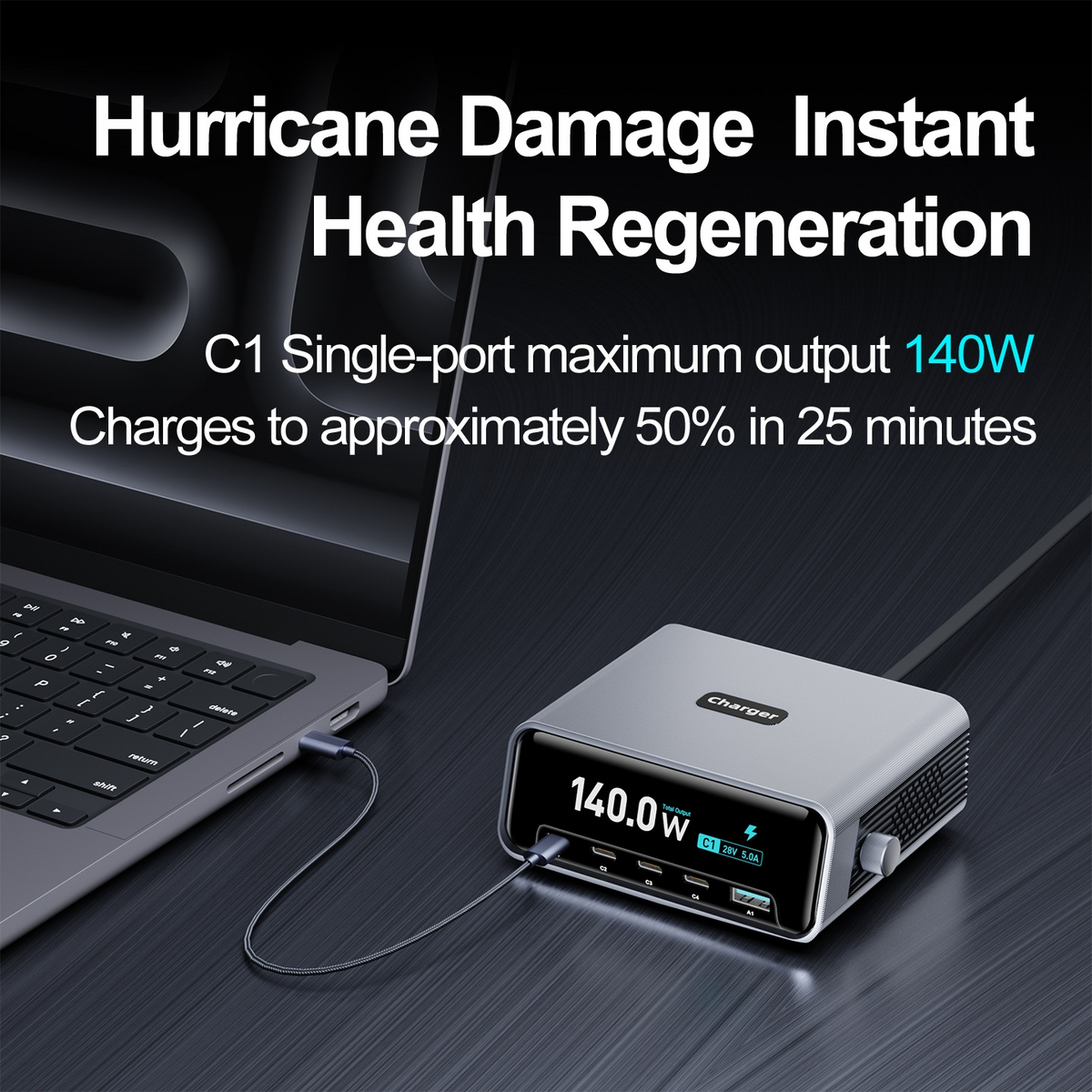 Nabíječka stanice OEM WLX-60G, 140W, 5A, 1 x USB-A - 4 x USB-C, šedá