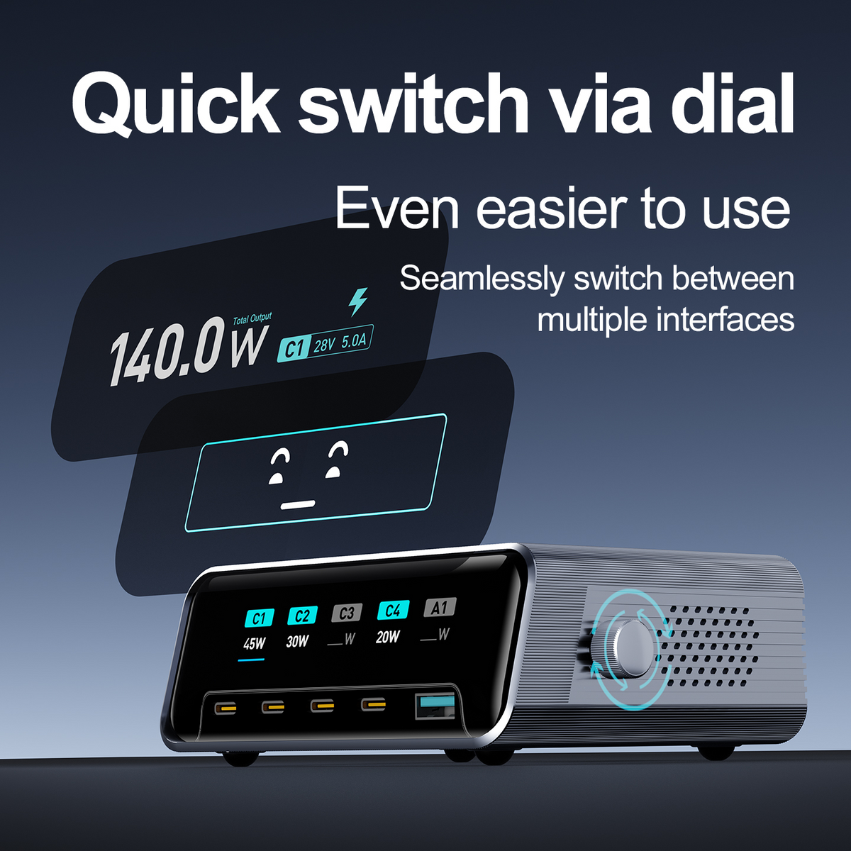Nabíječka stanice OEM WLX-60G, 140W, 5A, 1 x USB-A - 4 x USB-C, šedá