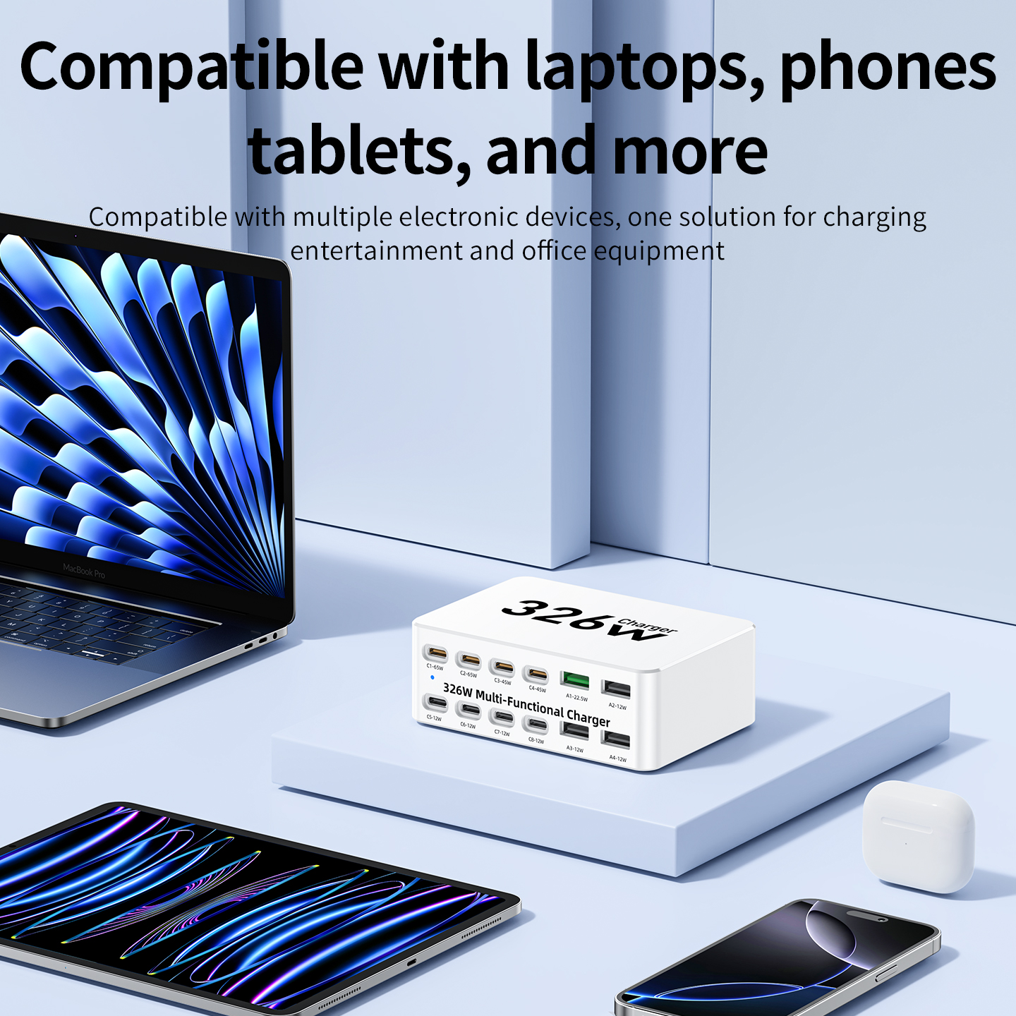 Nabíječka stanice OEM WLX-818E, 326W, 3,25A, 4 x USB-A - 8 x USB-C, bílá