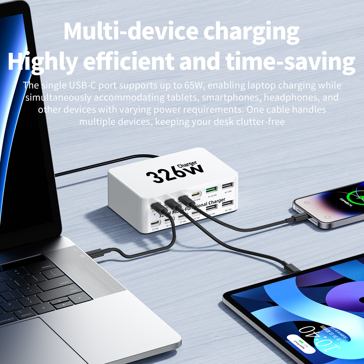 Nabíječka stanice OEM WLX-818E, 326W, 3,25A, 4 x USB-A - 8 x USB-C, bílá