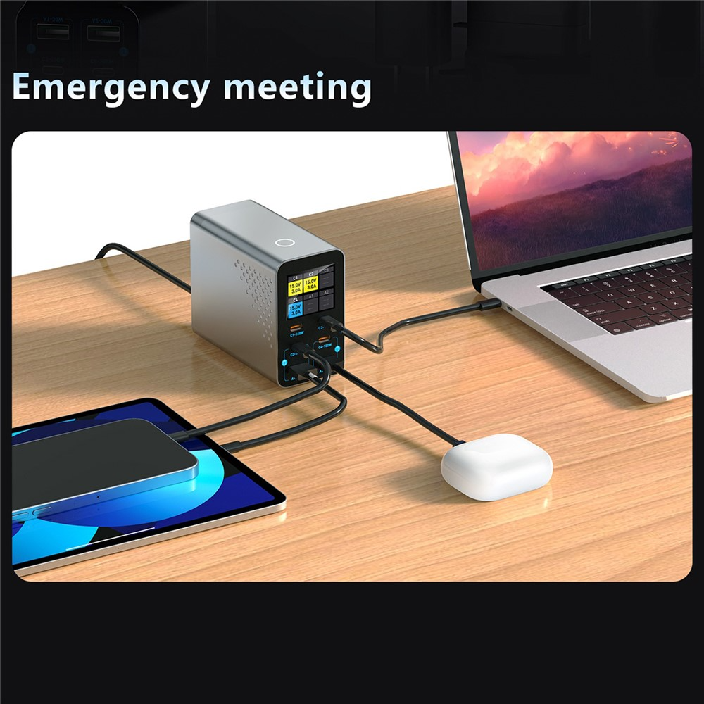 Nabíječka stanice OEM WLX-G3, 140W, 5A, 2 x USB-A - 4 x USB-C, Šedá