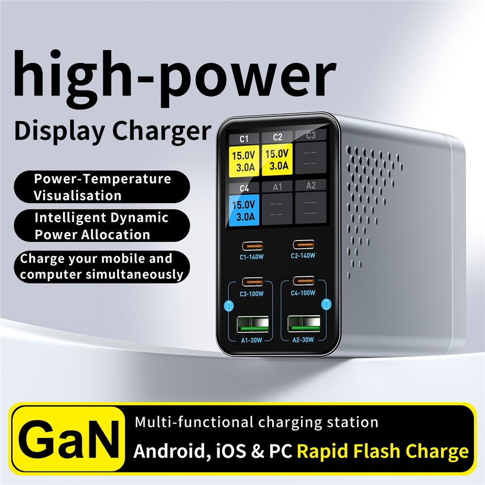 Nabíječka stanice OEM WLX-G3, 140W, 5A, 2 x USB-A - 4 x USB-C, Šedá
