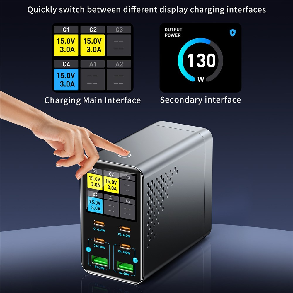 Nabíječka stanice OEM WLX-G3, 140W, 5A, 2 x USB-A - 4 x USB-C, Šedá