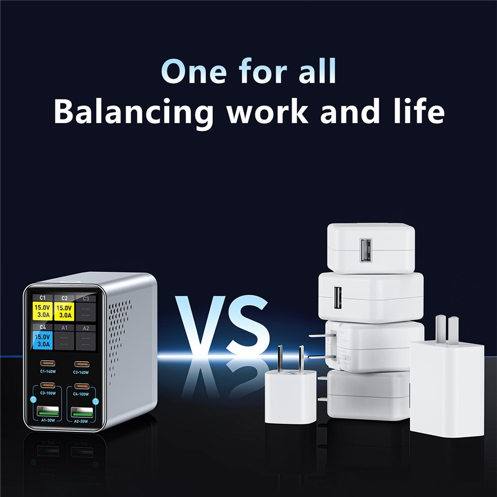 Nabíječka stanice OEM WLX-G3, 140W, 5A, 2 x USB-A - 4 x USB-C, Šedá