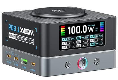 Nabíječka stanice OEM WLX-R8A QI, 140W, 5A, 2 x USB-A - 6 x USB-C, Šedá