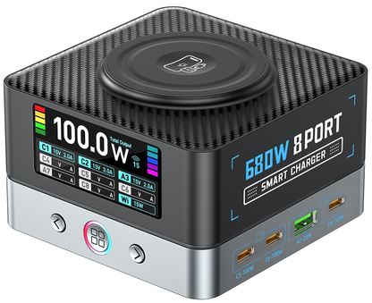 Nabíječka stanice OEM WLX-R8A QI, 140W, 5A, 2 x USB-A - 6 x USB-C, Šedá