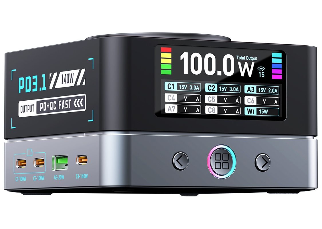 Nabíječka stanice OEM WLX-R8A QI, 140W, 5A, 2 x USB-A - 6 x USB-C, Šedá