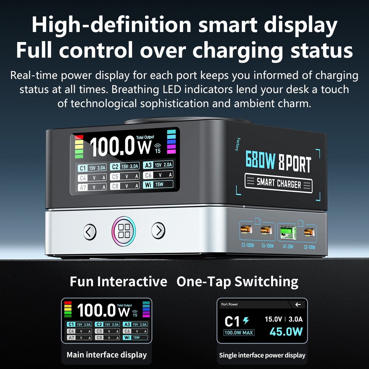 Nabíječka stanice OEM WLX-R8A QI, 140W, 5A, 2 x USB-A - 6 x USB-C, Šedá