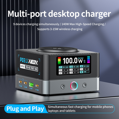 Nabíječka stanice OEM WLX-R8A QI, 140W, 5A, 2 x USB-A - 6 x USB-C, Šedá