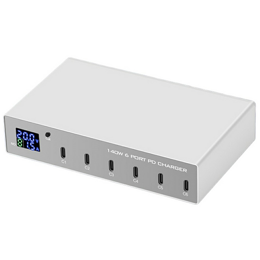 Nabíječka stanice OEM WLX-X6P, 140W, 3A, 6 x USB-C, stříbrná