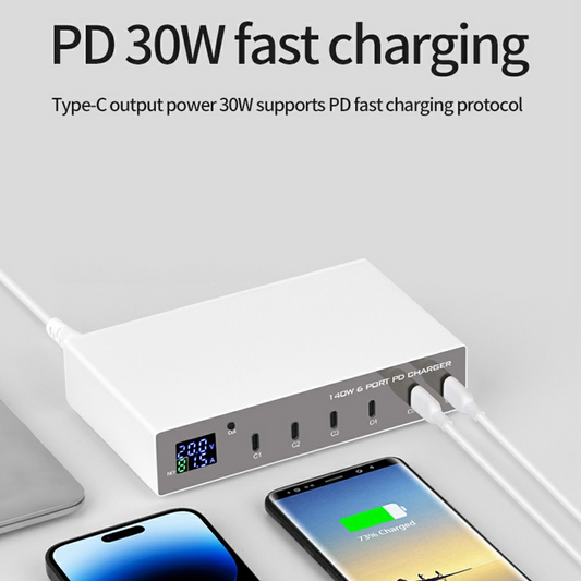 Nabíječka stanice OEM WLX-X6P, 140W, 3A, 6 x USB-C, stříbrná