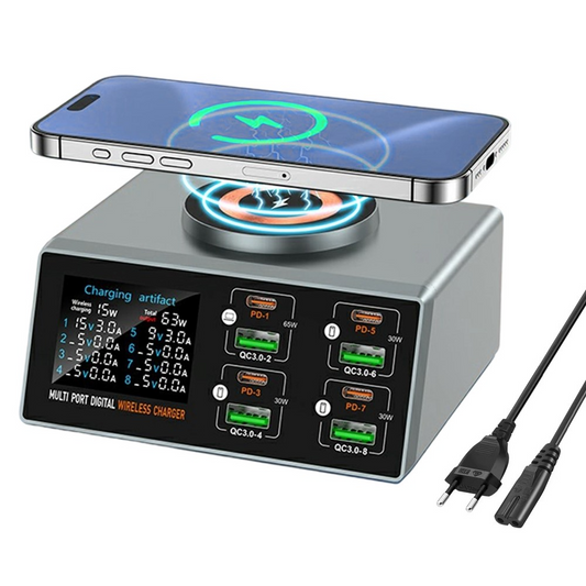 Nabíječka stanice OEM WLX-X9S QI, 140W, 3A, 4 x USB-A - 4 x USB-C, Stříbrná