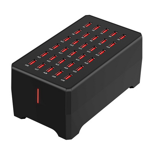 Nabíječka stanice OEM WT-268, 150W, 2.4A, 30 x USB-A, Černá