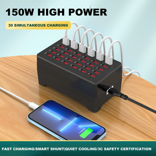 Nabíječka stanice OEM WT-268, 150W, 2.4A, 30 x USB-A, Černá