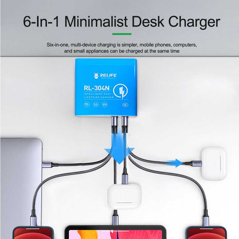 Nabíjecí stanice Relife RL-304N, 87W, 3A, 2 x USB-C - 4 x USB-A, Modrá