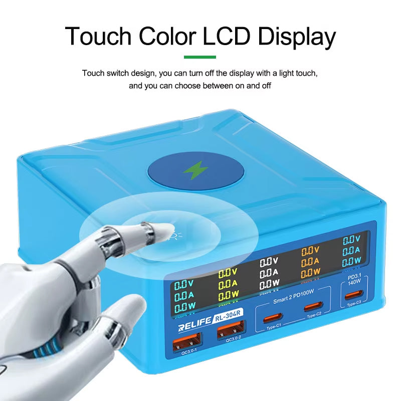 Nabíjecí stanice Relife RL-304R QI, 260W, 3A, 2 x USB-A - 3 x USB-C, Modrá