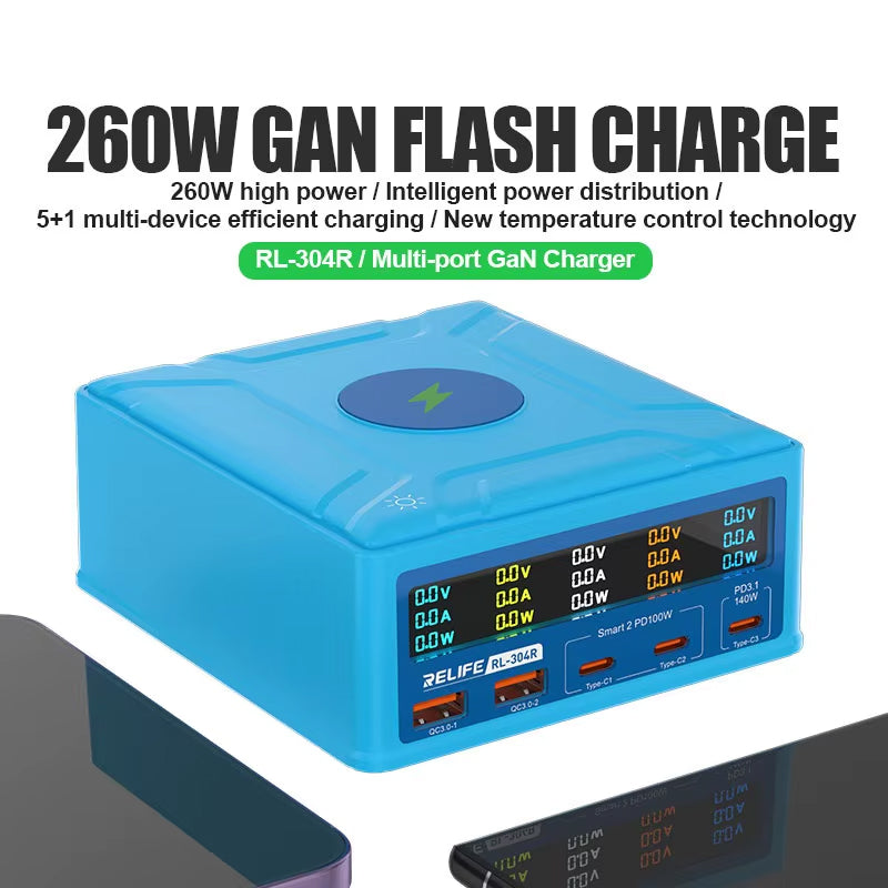 Nabíjecí stanice Relife RL-304R QI, 260W, 3A, 2 x USB-A - 3 x USB-C, Modrá