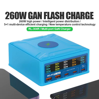 Nabíjecí stanice Relife RL-304R QI, 260W, 3A, 2 x USB-A - 3 x USB-C, Modrá