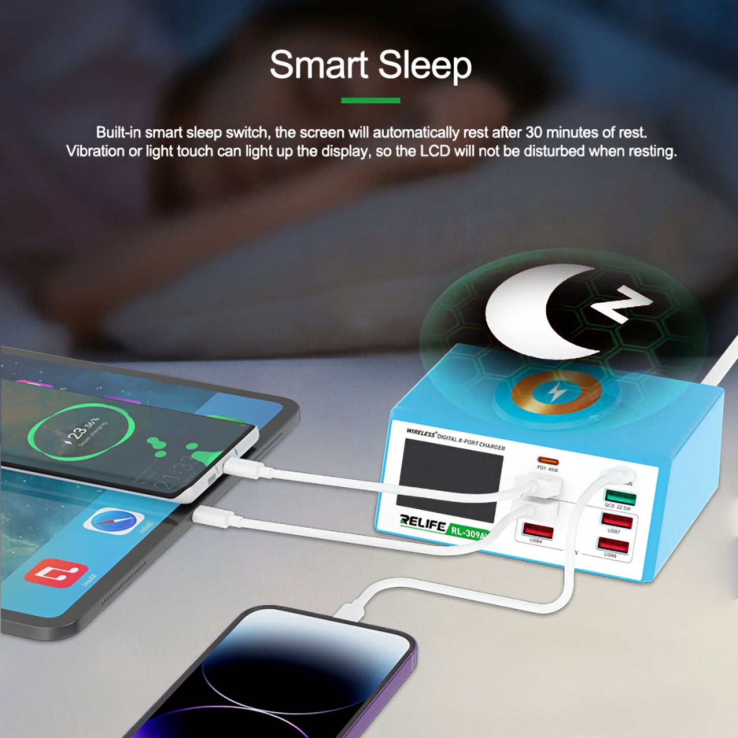 Nabíjecí stanice Relife RL-309AW, 100W, 5A, 2 x USB-C - 6 x USB-A, Modrá