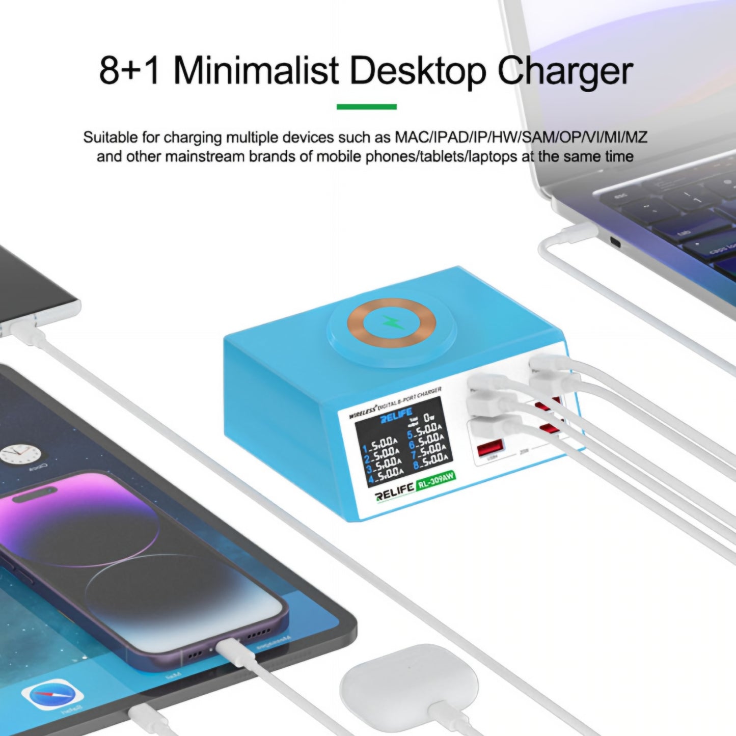 Nabíjecí stanice Relife RL-309AW, 100W, 5A, 2 x USB-C - 6 x USB-A, Modrá