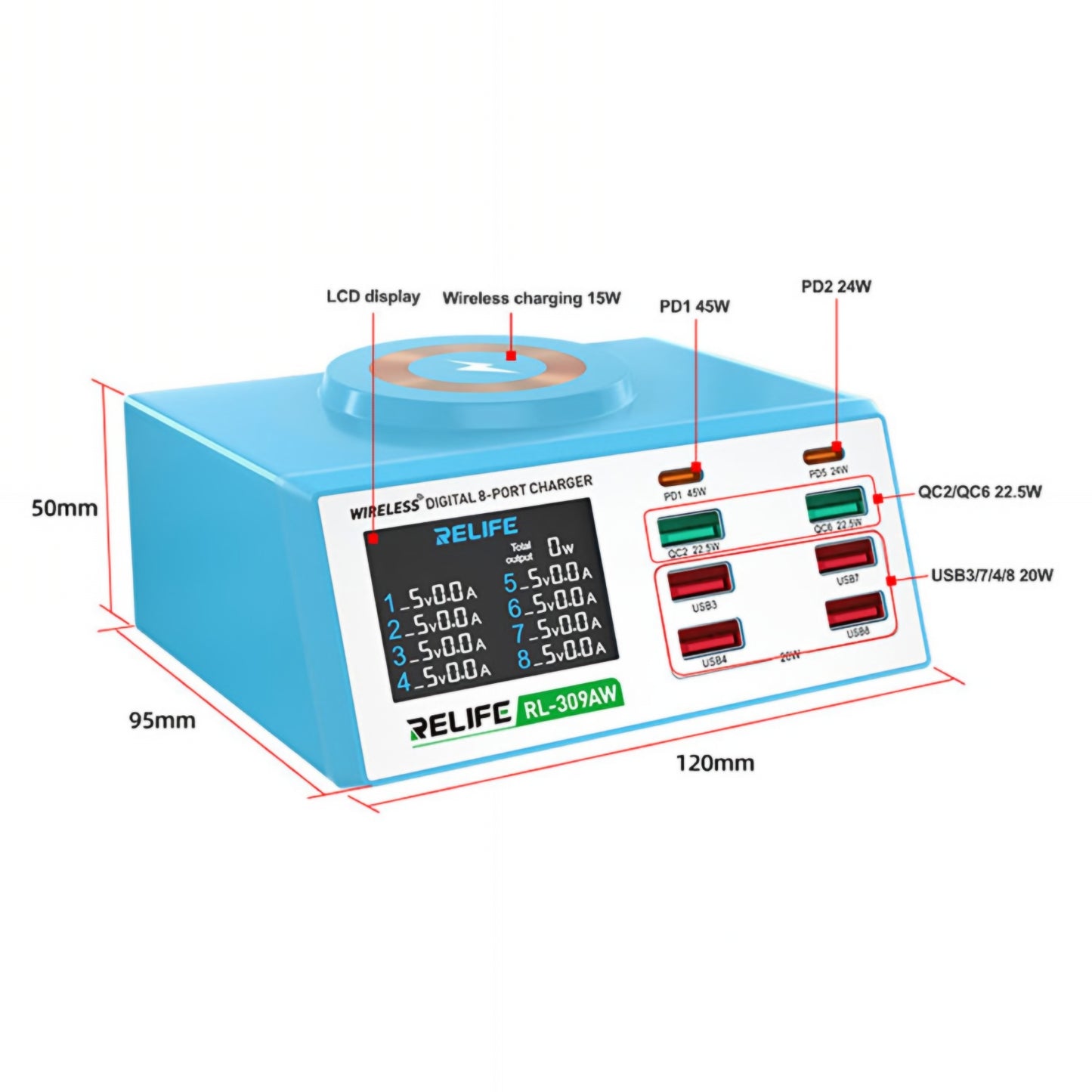 Nabíjecí stanice Relife RL-309AW, 100W, 5A, 2 x USB-C - 6 x USB-A, Modrá