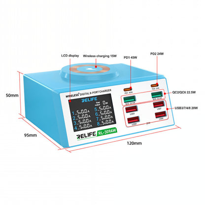 Nabíjecí stanice Relife RL-309AW, 100W, 5A, 2 x USB-C - 6 x USB-A, Modrá