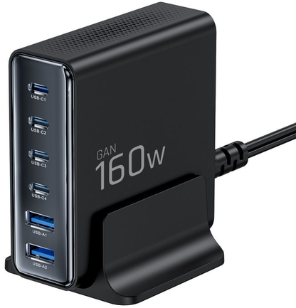 Nabíjecí stanice Tech-Protect DC160W-GAN, 160W, 5A, 2 x USB-A - 4 x USB-C, černá
