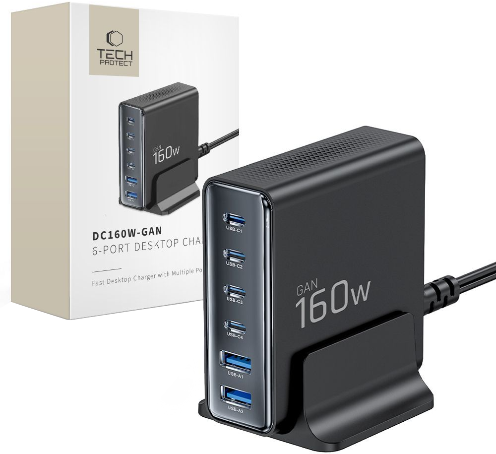 Nabíjecí stanice Tech-Protect DC160W-GAN, 160W, 5A, 2 x USB-A - 4 x USB-C, černá