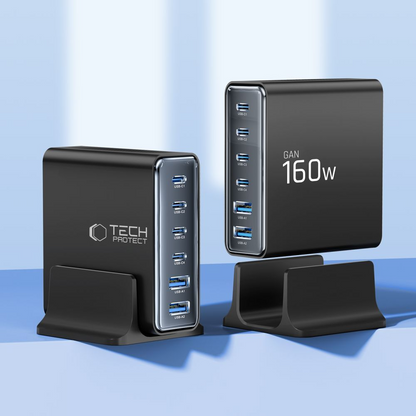 Nabíjecí stanice Tech-Protect DC160W-GAN, 160W, 5A, 2 x USB-A - 4 x USB-C, černá