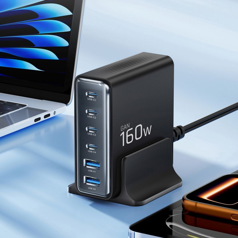 Nabíjecí stanice Tech-Protect DC160W-GAN, 160W, 5A, 2 x USB-A - 4 x USB-C, černá