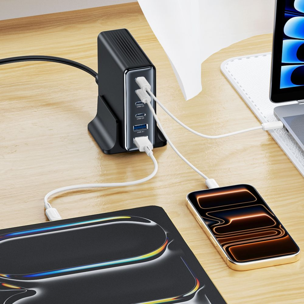 Nabíjecí stanice Tech-Protect DC160W-GAN, 160W, 5A, 2 x USB-A - 4 x USB-C, černá
