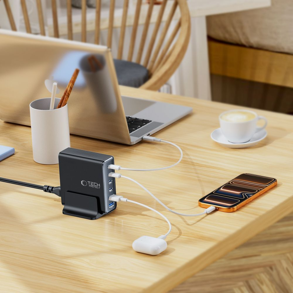 Nabíjecí stanice Tech-Protect DC160W-GAN, 160W, 5A, 2 x USB-A - 4 x USB-C, černá