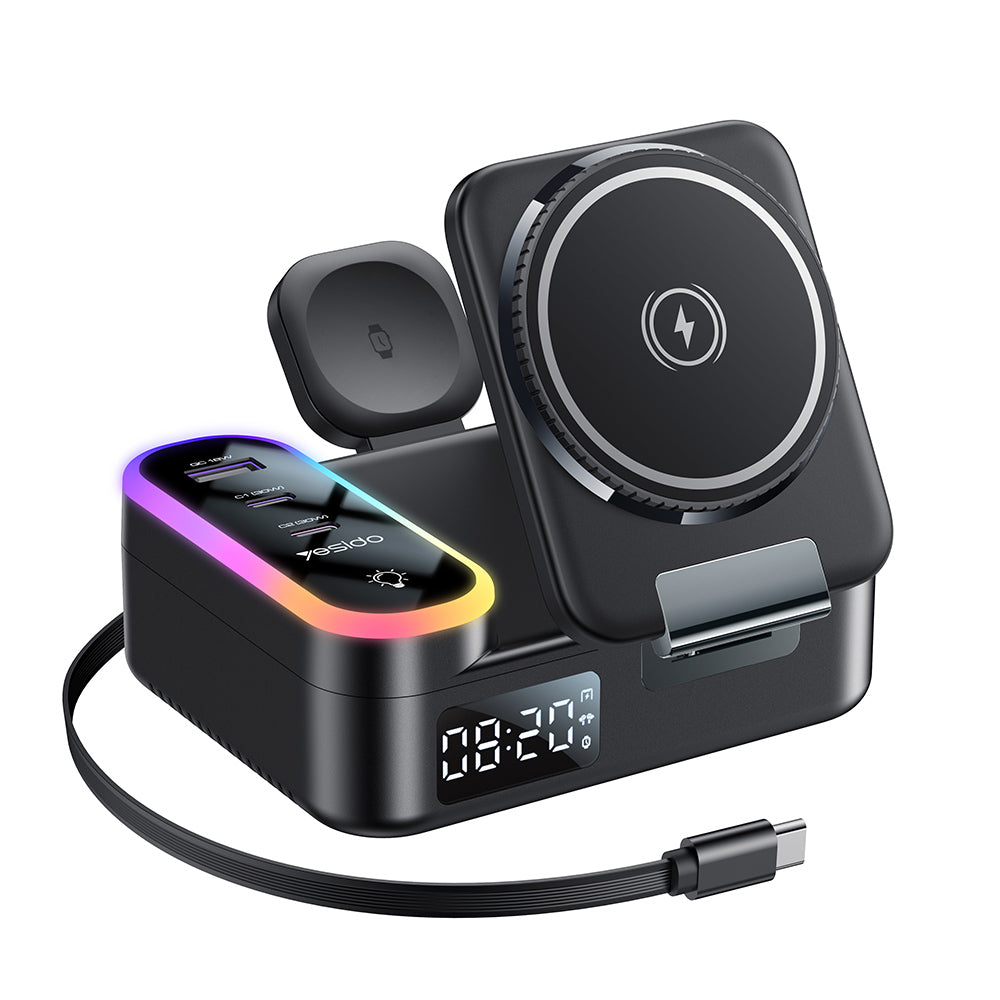 Nabíjecí stanice Yesido DS38 Display QI 3v1, 65W, 3A, 1 x USB-A - 2 x USB-C, Černá