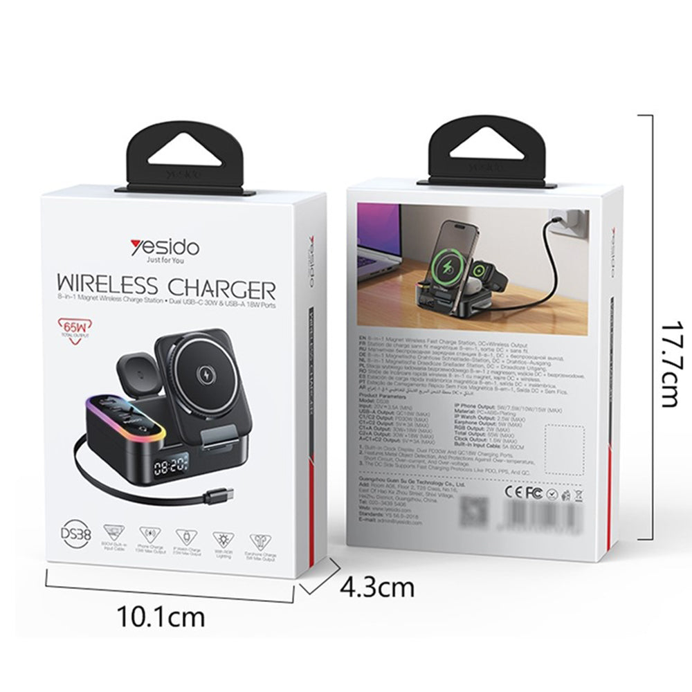 Nabíjecí stanice Yesido DS38 Display QI 3v1, 65W, 3A, 1 x USB-A - 2 x USB-C, Černá