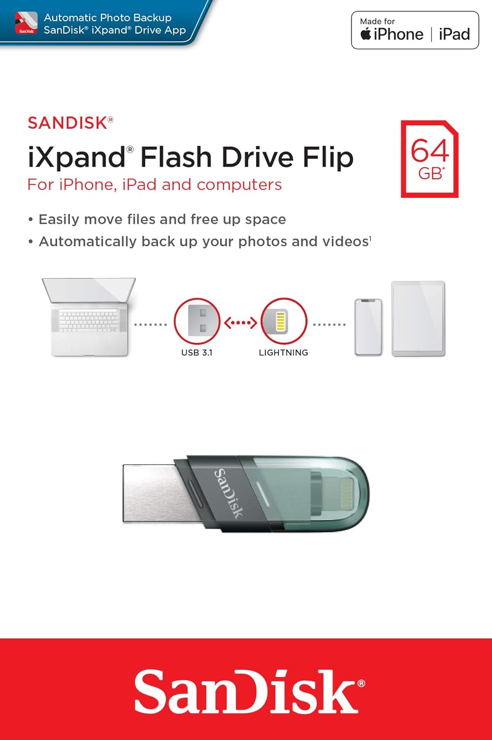 Externí paměť USB-A 3.1 / Lightning SanDisk iXpand Flip, 64Gb SDIX90N-064G-GN6NN
