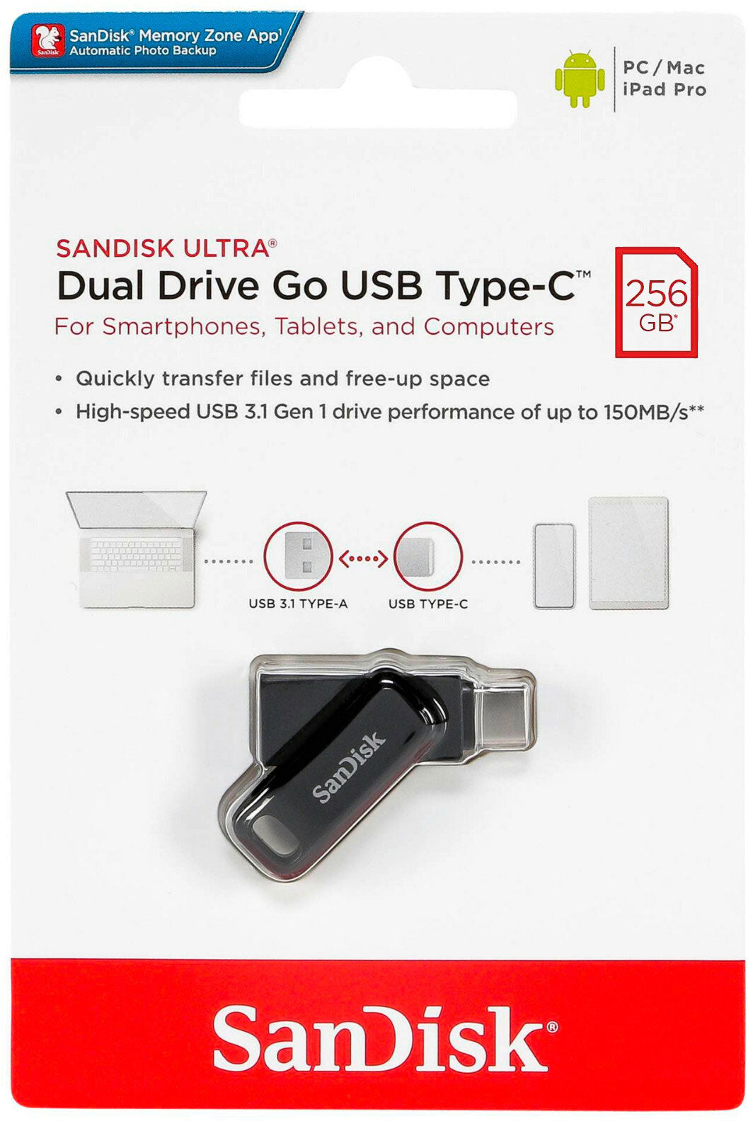 Externí paměť USB-A 3.2 / USB-C SanDisk Ultra Dual Go, 256Gb SDDDC3-256G-G46
