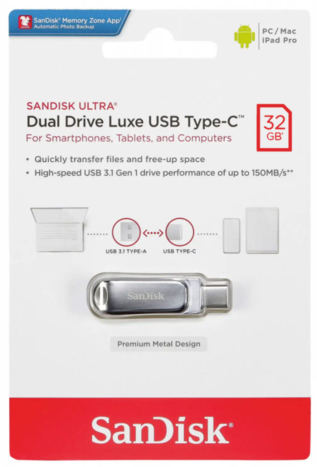 Externí paměť USB-A 3.2 / USB-C SanDisk Ultra Luxe Dual Drive, 32Gb SDDDC4-032G-G46