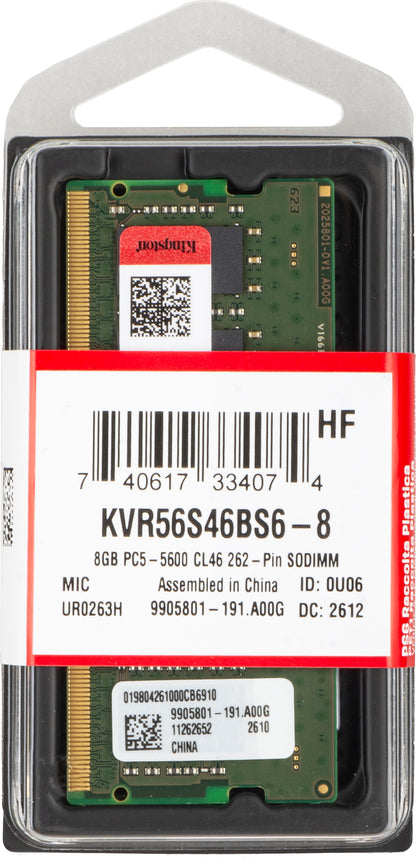 Kingston RAM Memory, DDR5 SODIMM, 8GB, 5600MHz KVR56S46BS6-8